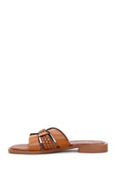 Women's Brown Knitted Detailed Leather Slippers | Derimod