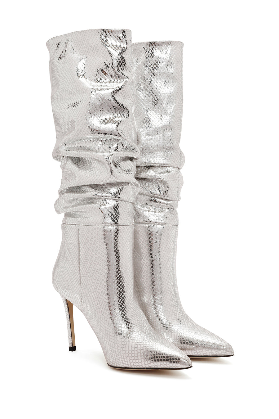 Women's Grey Thin Heel Metallic Leather Boots