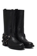 Women's Black Leather Biker Boot | Derimod