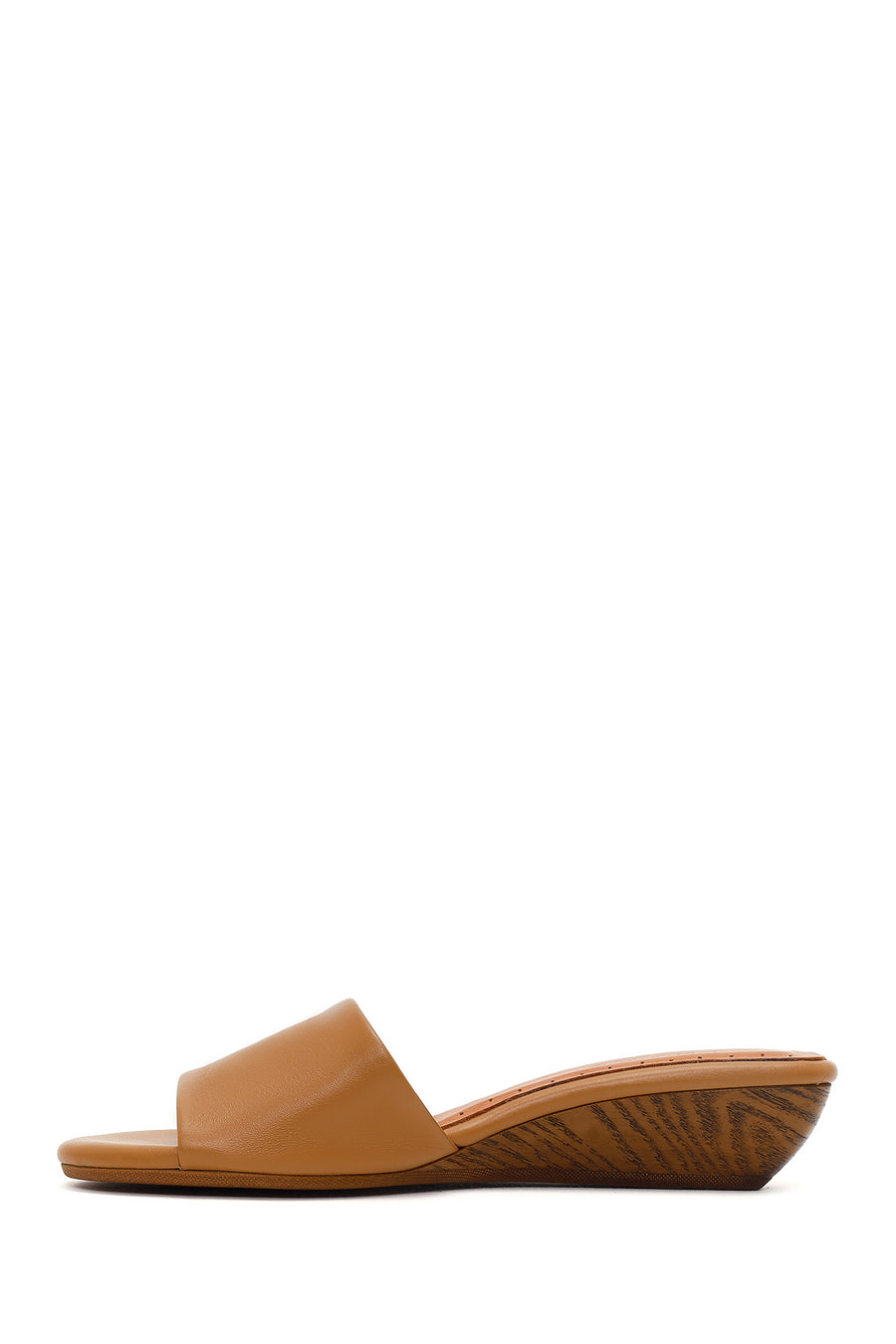 Women's Beige Short Platform Heel Leather Slippers