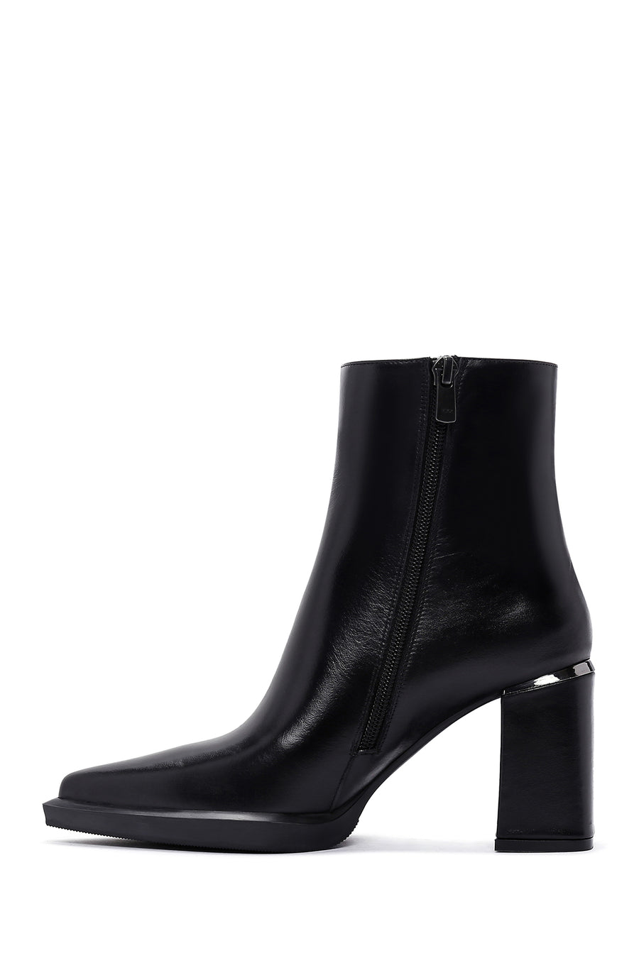 Woman Black Zip Closure Thick-Heeled Leather Boots