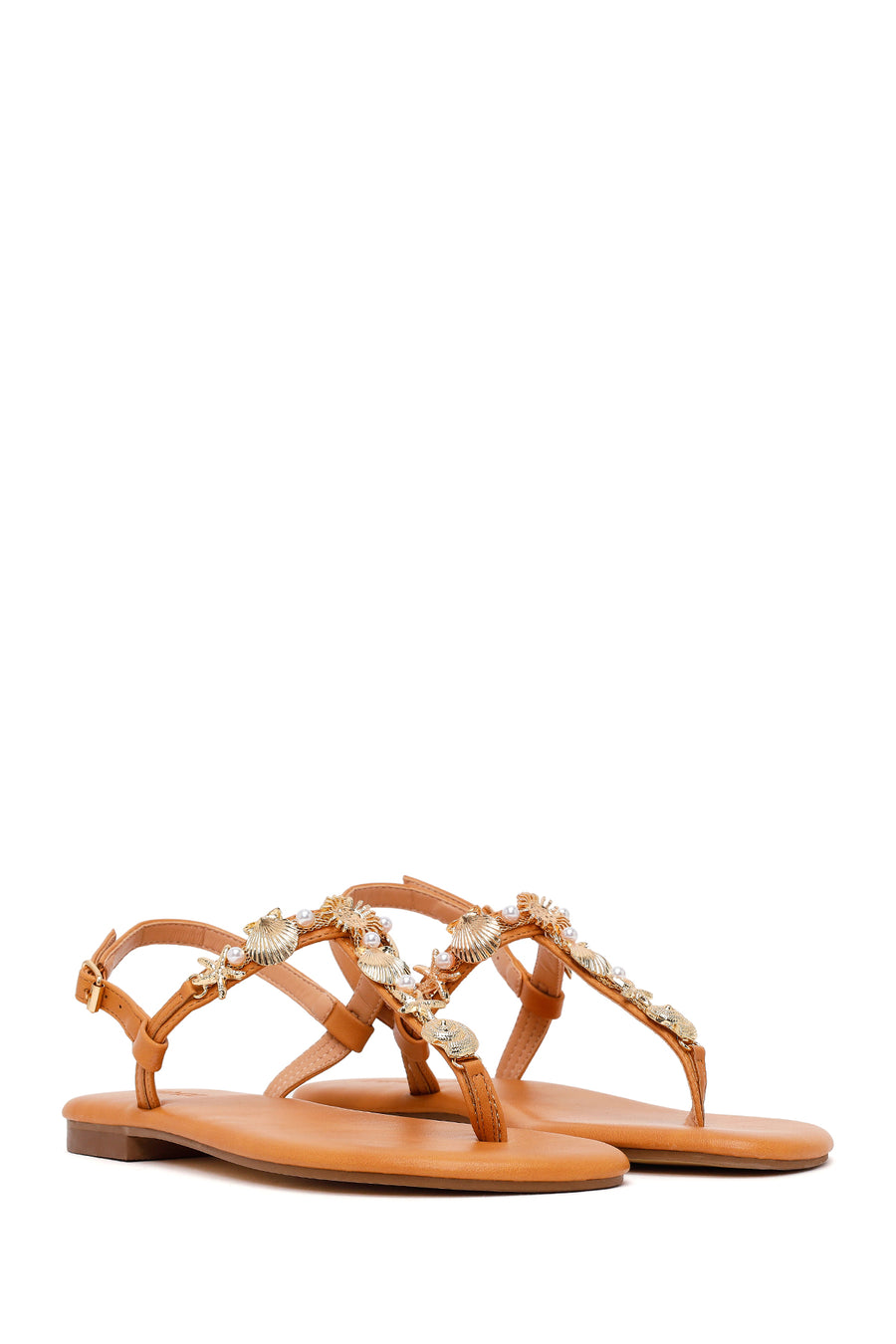 Woman Tan Ankle-Buckle Toe-Post Embellished Sandal