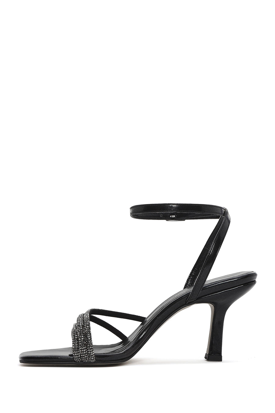 Women's Black Ankle Strap Stone Thin Heel Sandals