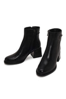 Woman Black Zip Closure Thick-Heeled Leather Boots | Derimod