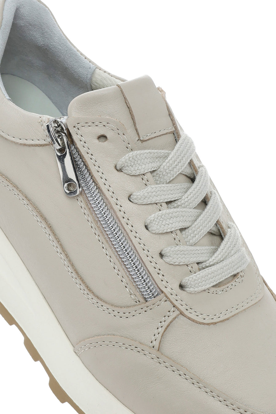Women's Beige Lace-Up Side Zip Leather Sneakers