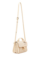 Woman Beige Long-Strap Stone-Embellished Woven Mini Crossbody Bag | Derimod