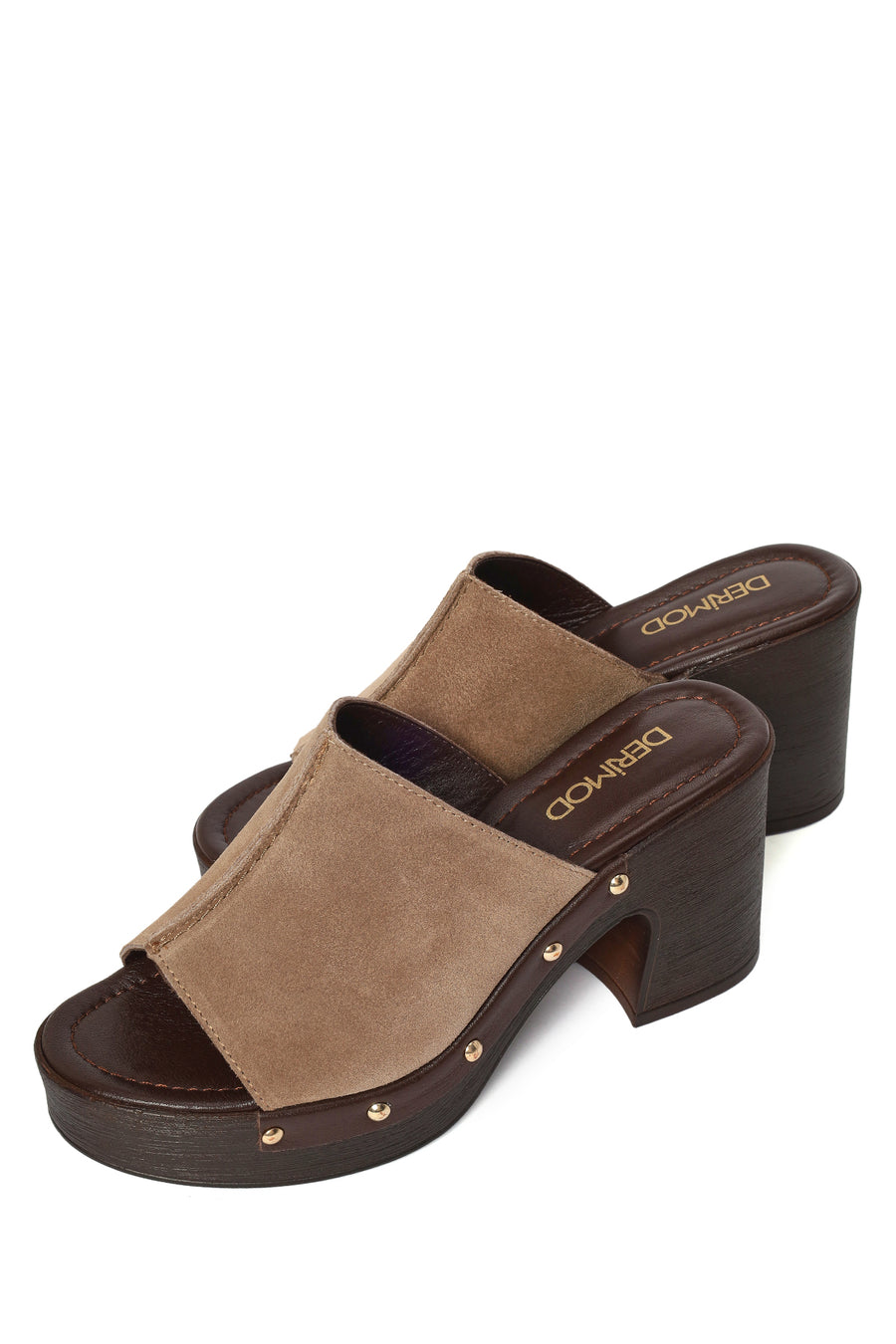 Women's Beige Thick Heeled Suede Leather Slippers