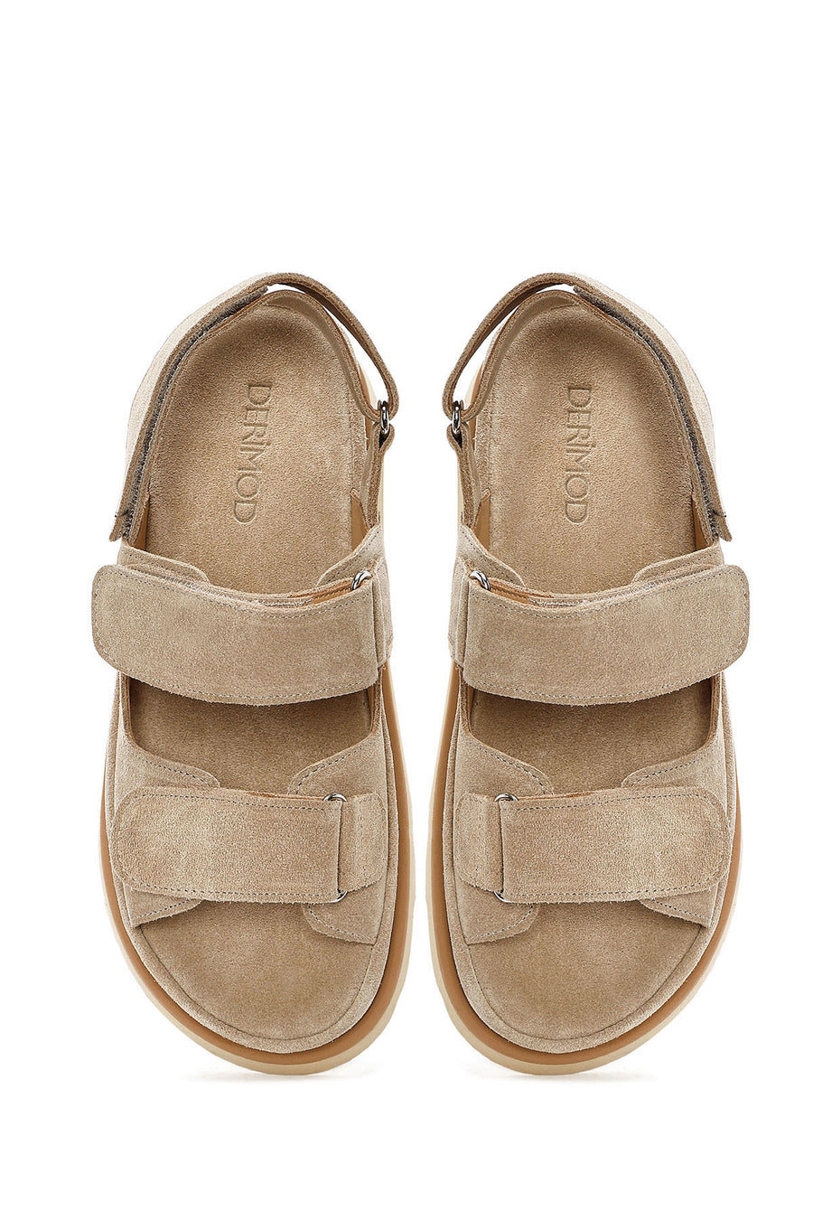 Women's Beige Strapped Chunky Sole Suede Leather Sandals