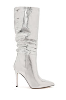 Women's Grey Thin Heel Metallic Leather Boots | Derimod