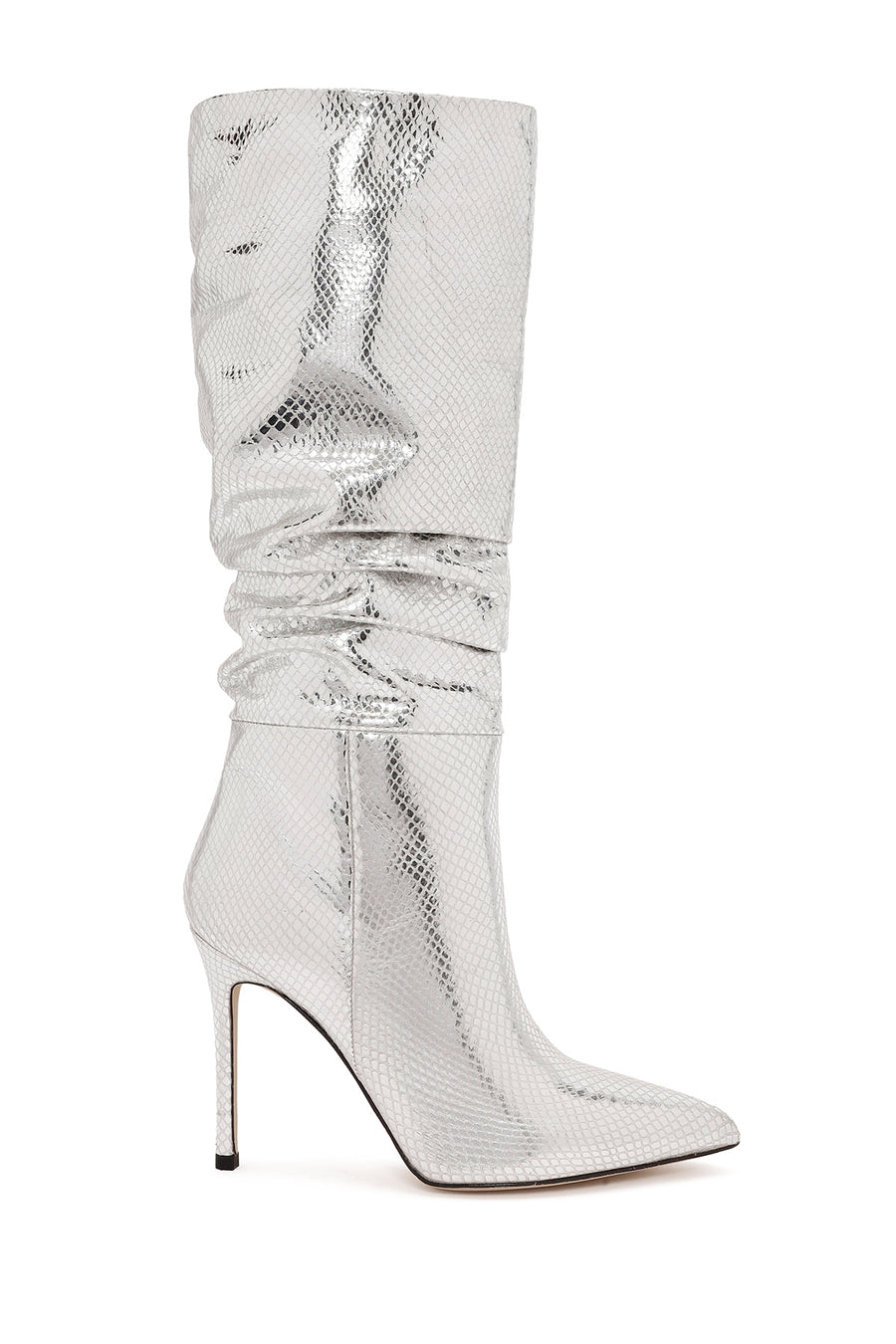 Women's Grey Thin Heel Metallic Leather Boots