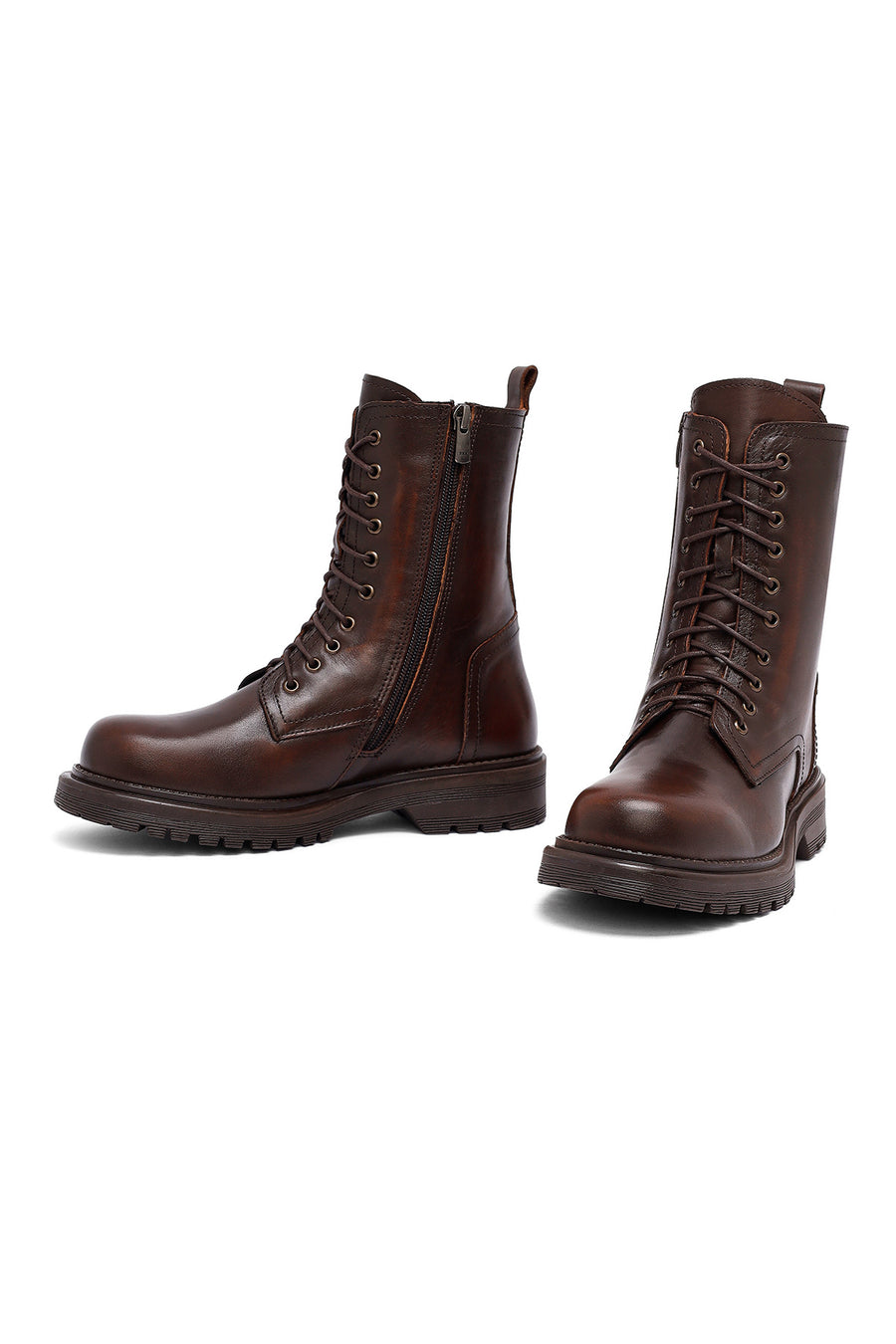 Woman Brown Zippered Leather Postal Boots
