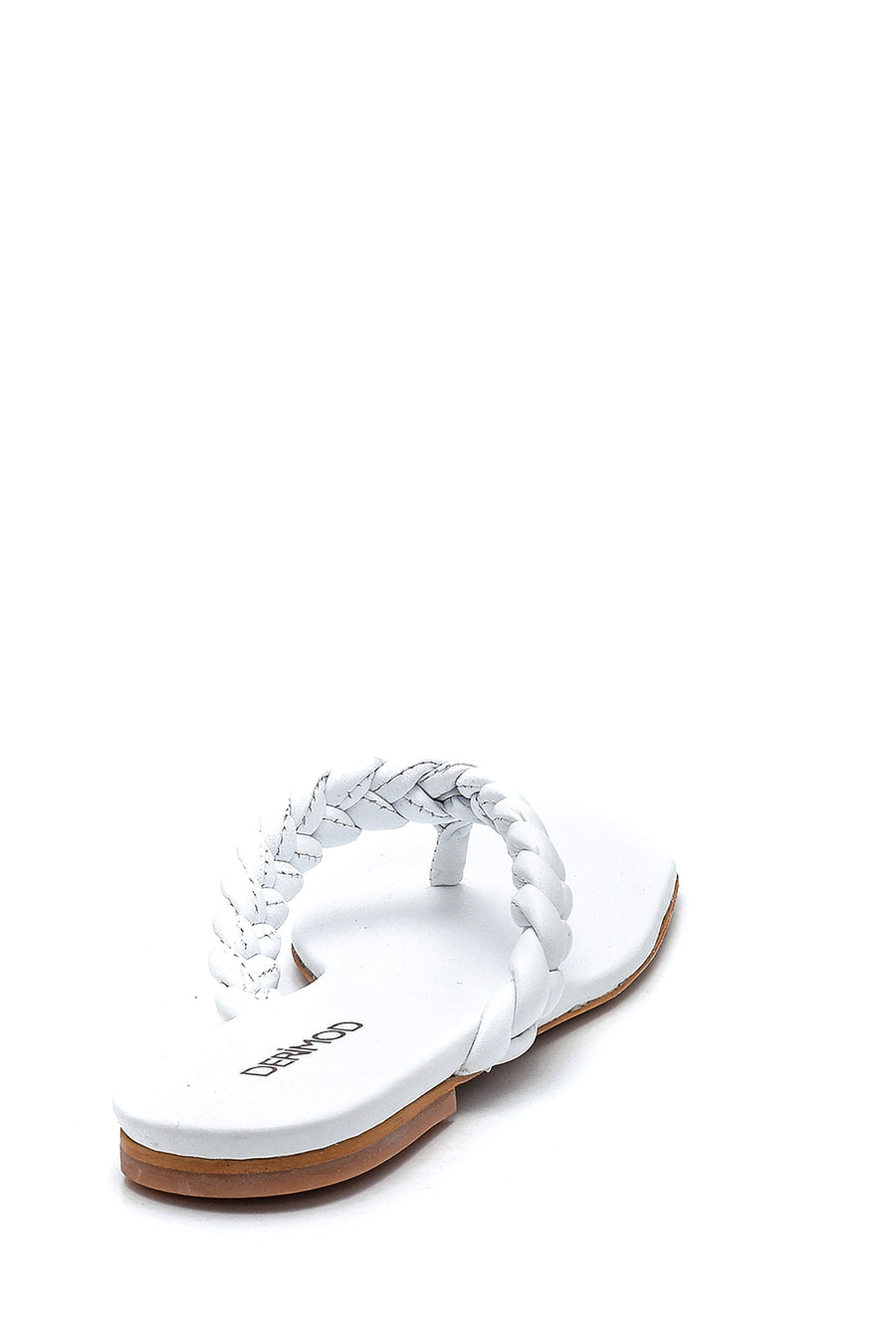 Women's White Leather Knitted Detailed Flip Flops