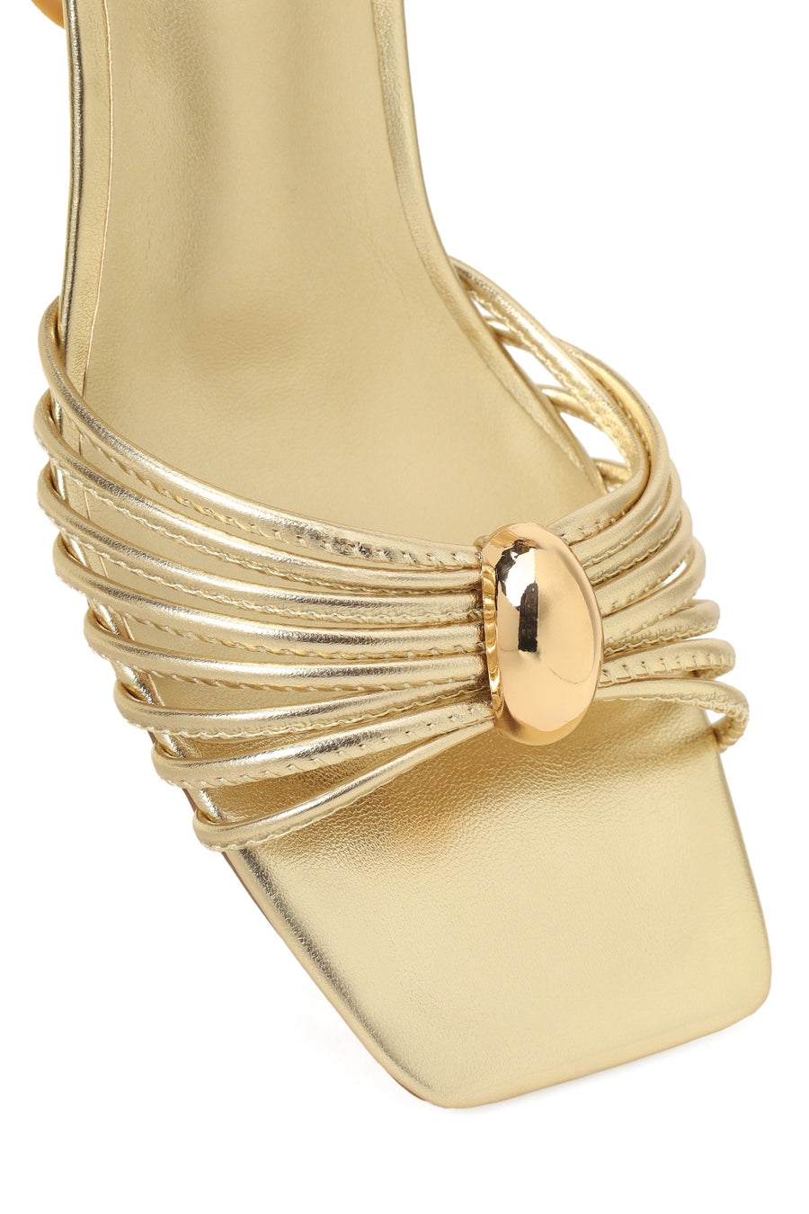 Woman Gold Ankle-Buckle Metallic Chunky-Heel Sandal
