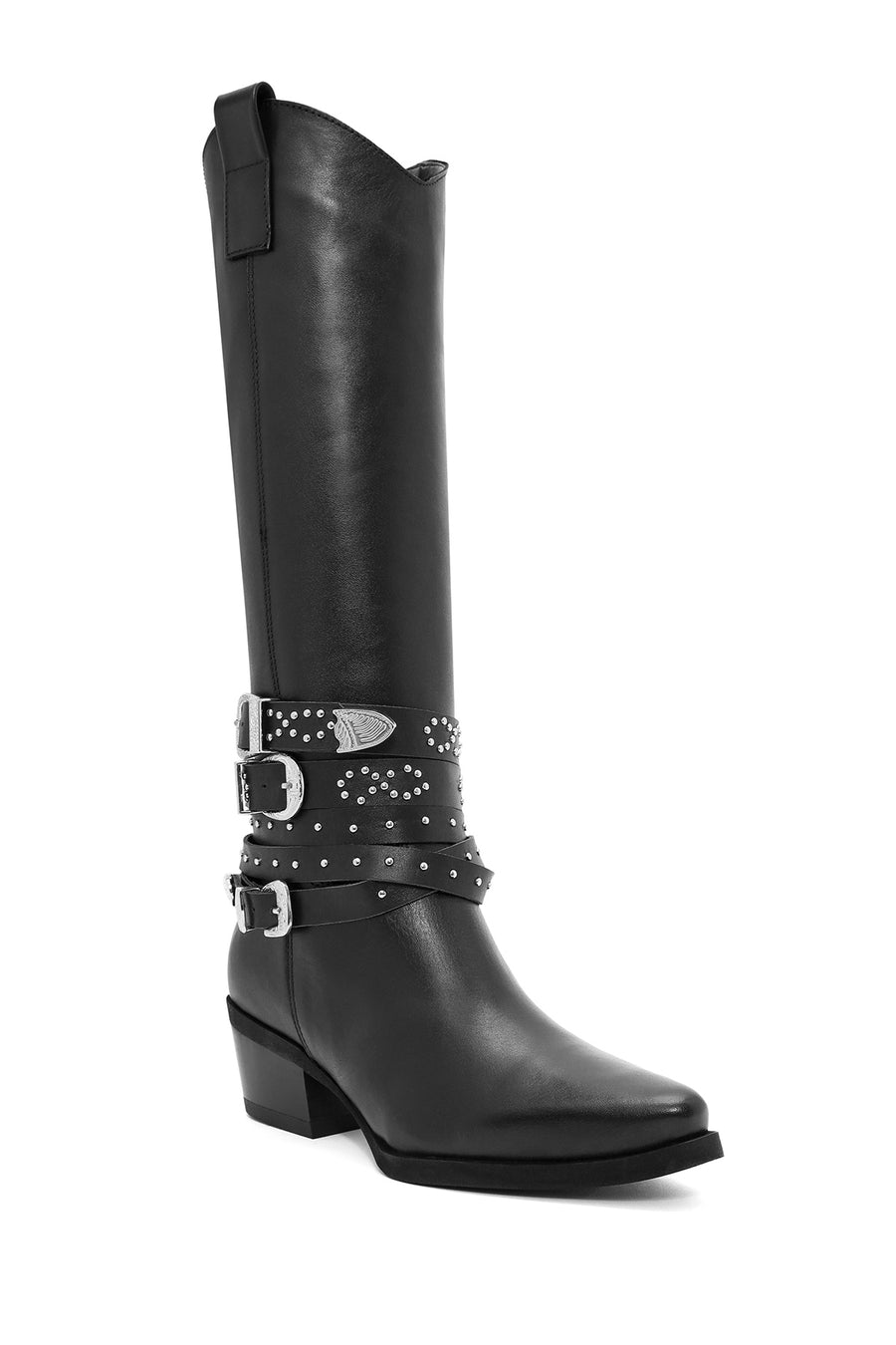 Women's Black Thick Heel Buckle Detailed Leather Cowboy Boots