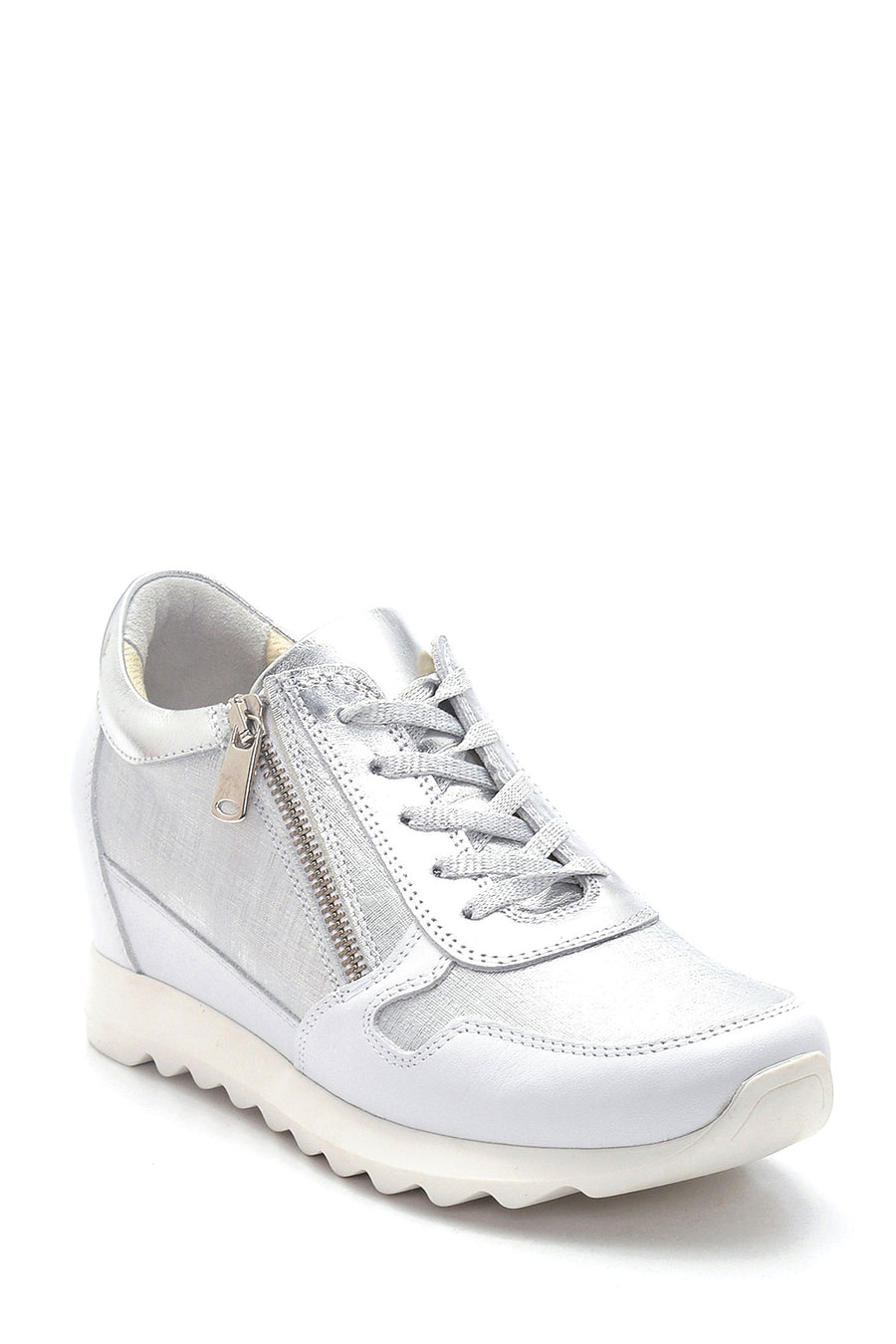 Kadın Gümüş Deri Dolgu Topuk Sneaker