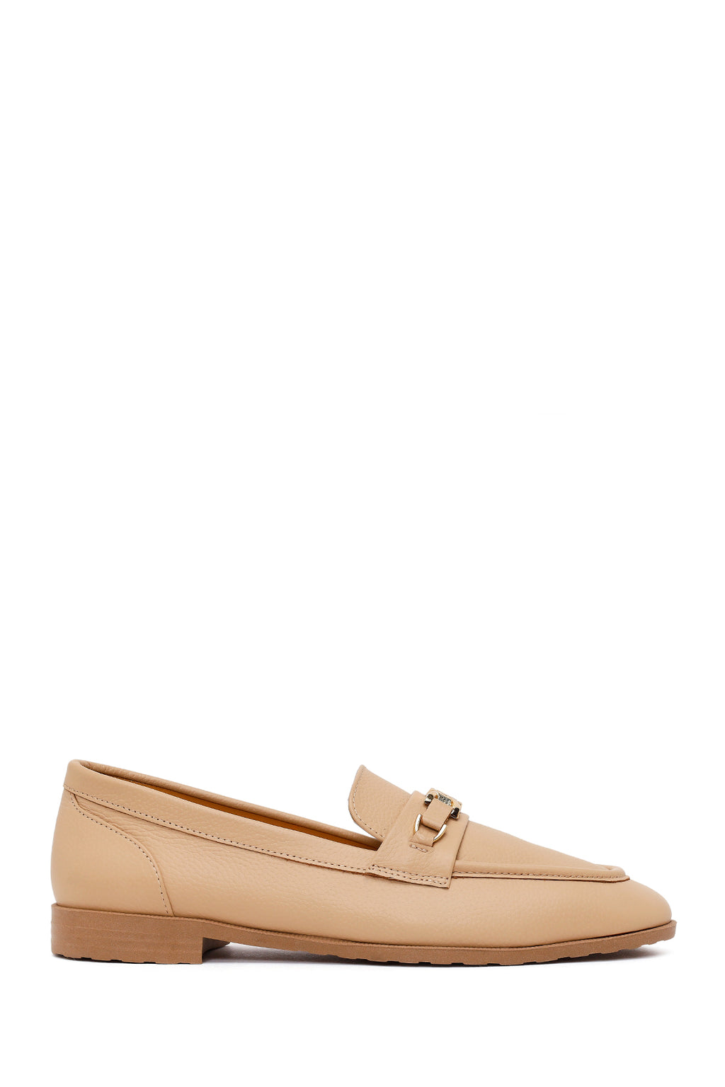 Kadın Bej Tokalı Maskülen Deri Loafer