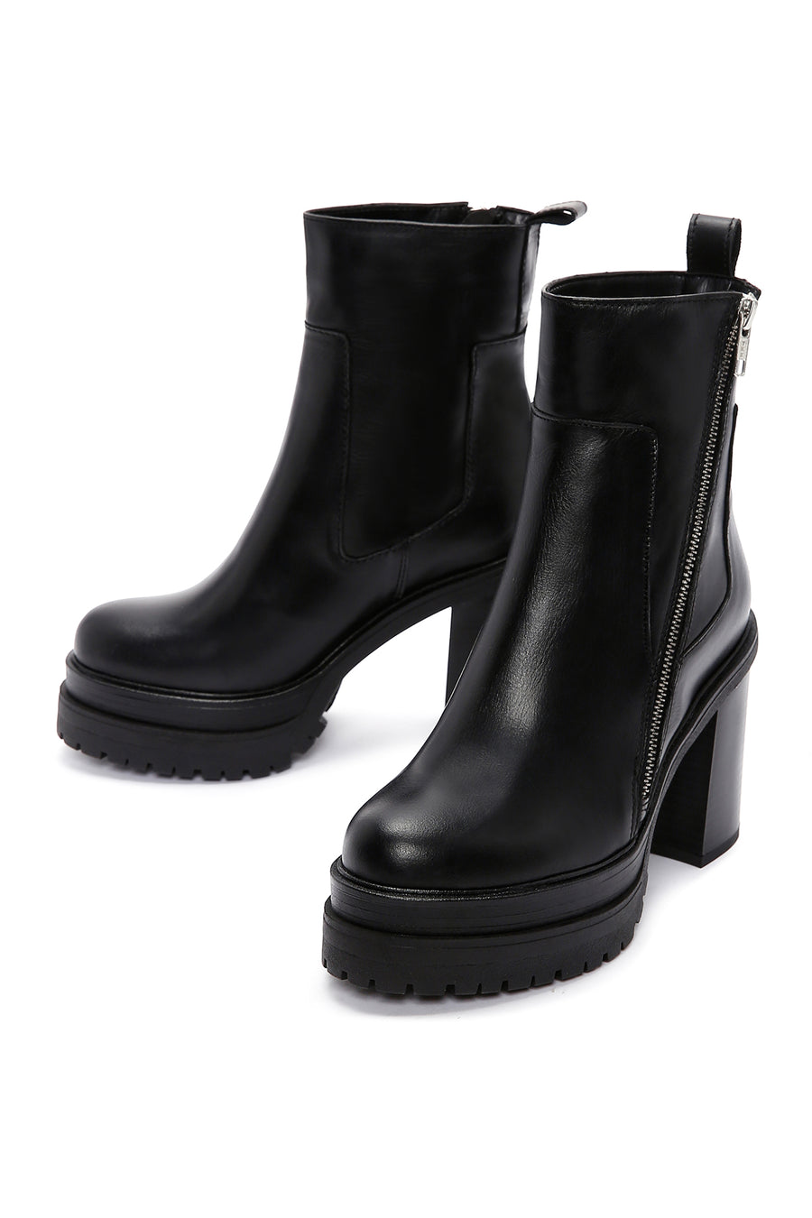 Women's Black Leather Zippered Platform Heeled Boots