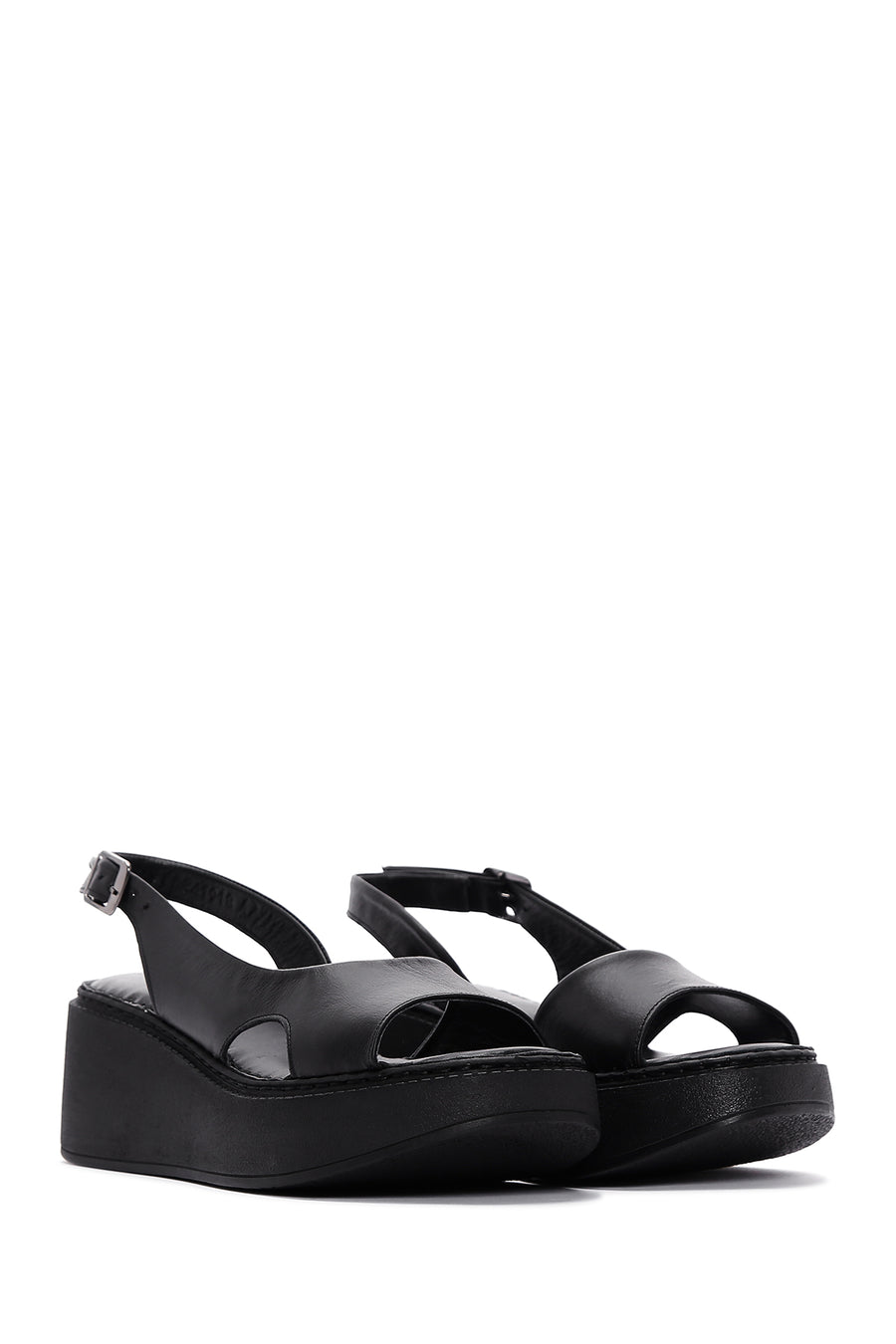 Women's Black Leather Thick-Sole Comfort Sandals