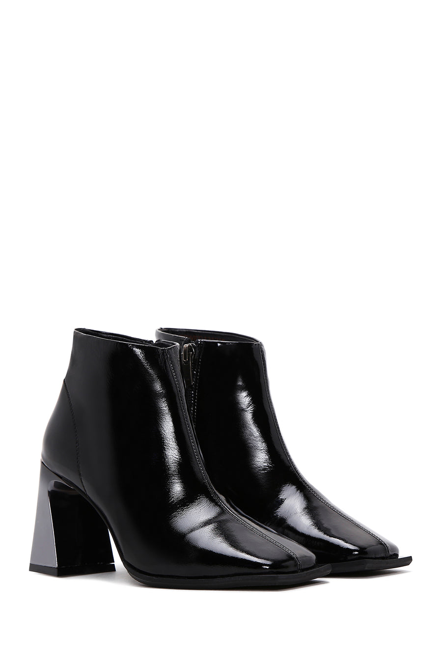 Women's Black Patent Leather Heeled Boots