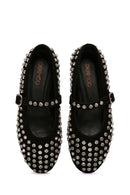 Woman Black Embellished Leather Ballet Flat | Derimod