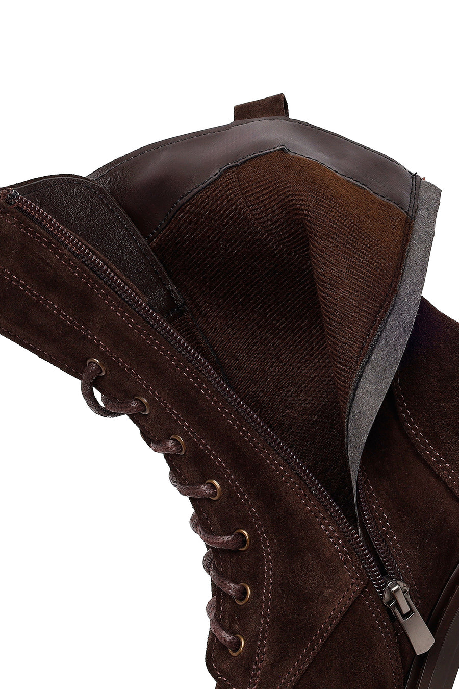Woman Brown Zip Closure Lace-Up Chunky Heeled Suede Combat Boots