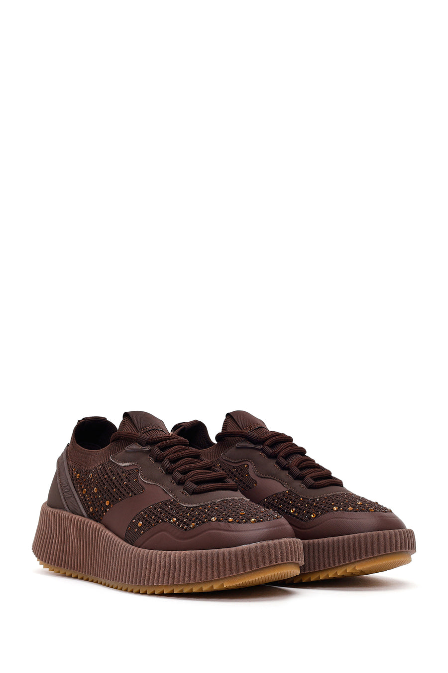Derimod Zero Kadın Kahverengi Bağcıklı Kalın Tabanlı Taşlı Kumaş Sneaker