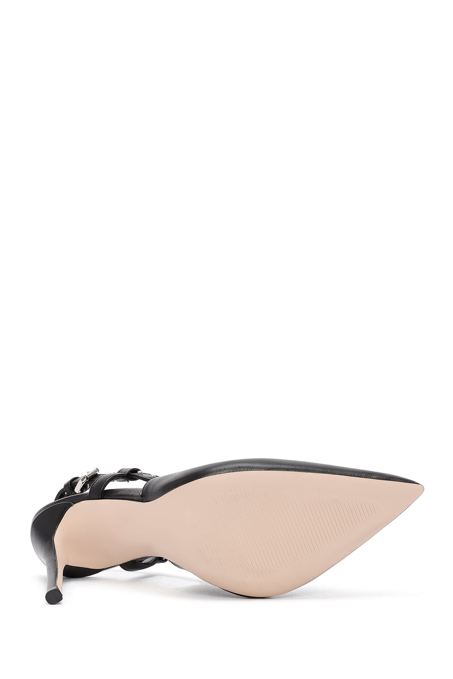 Women's Black Slingback High Thin Heel Leather Shoes