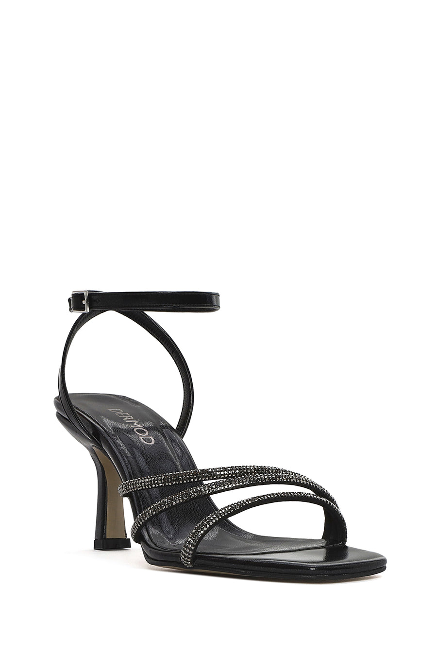 Women's Black Ankle Strap Stone Thin Heel Sandals