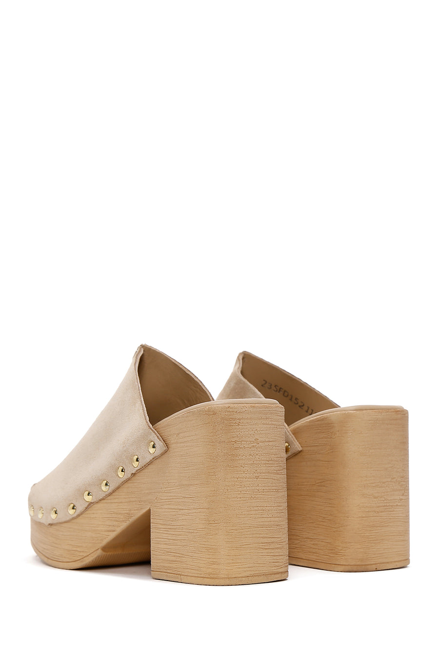 Women's Beige High Thick Heel Suede Leather Slippers