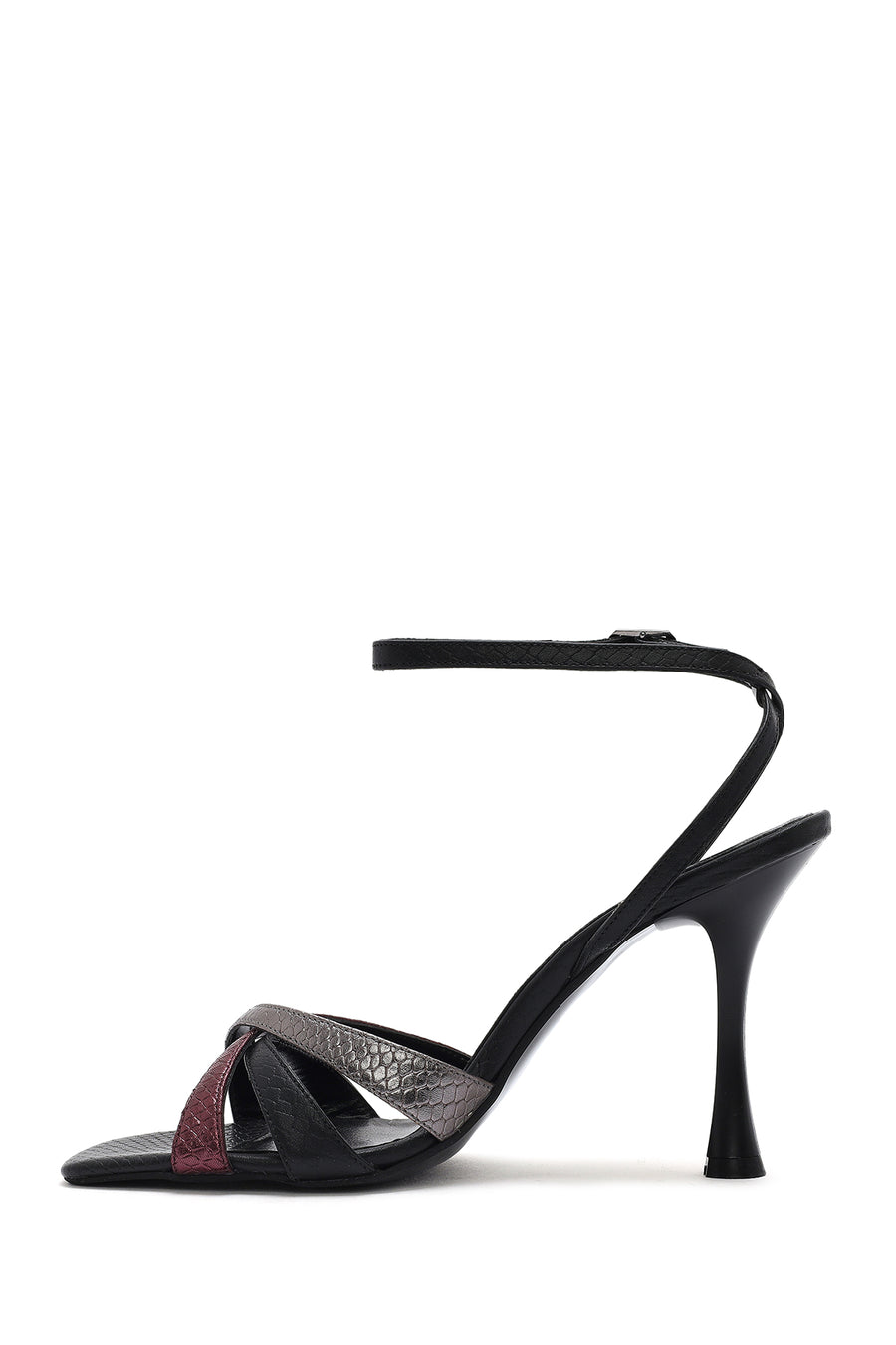 Women's Black Ankle Strap Thin High Heel Patterned Leather Sandals