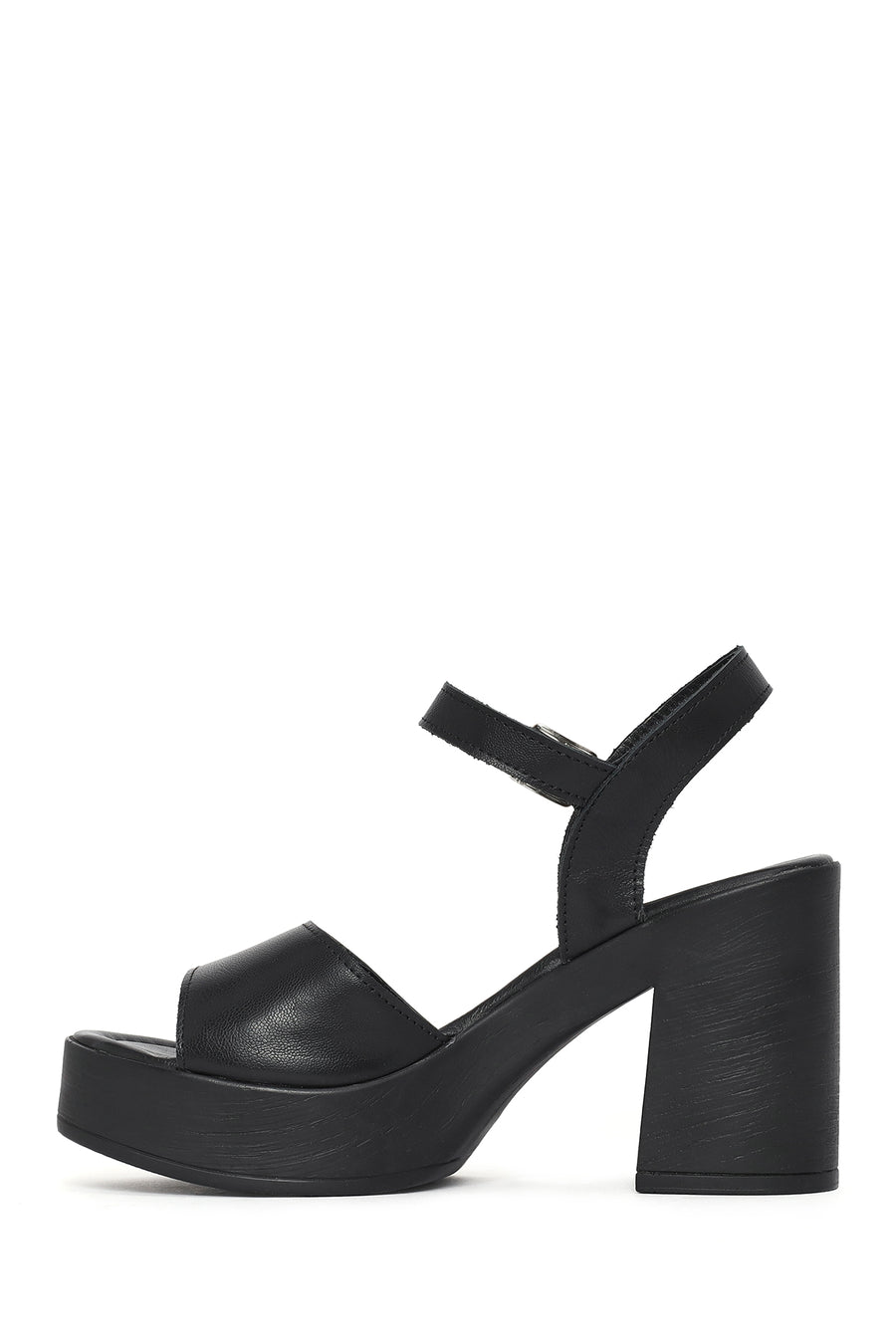 Woman Black Buckled Platform Block-Heel Leather Sandals