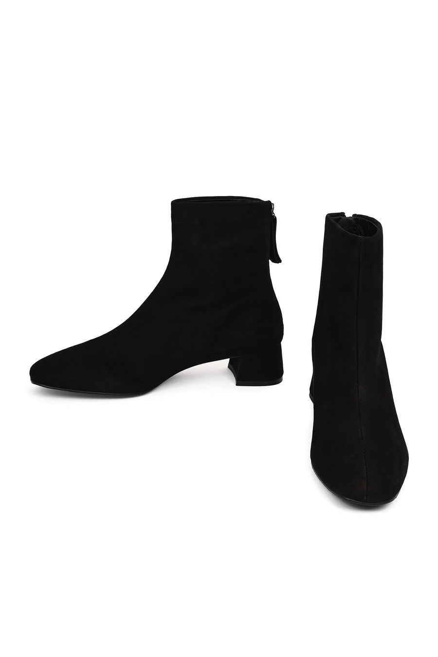 Woman Black Zip Closure Short Thick Heeled Suede Boots