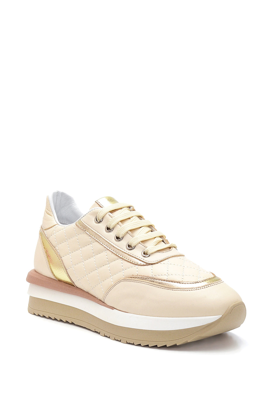 Women's Beige Leather Thick Soled Sneaker