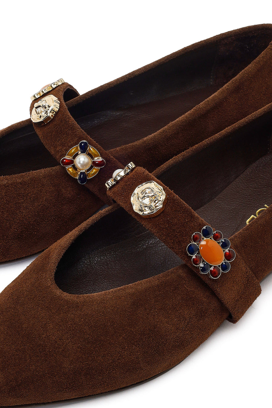 Women's Brown Suede Leather Ballet Flats with Rhinestones