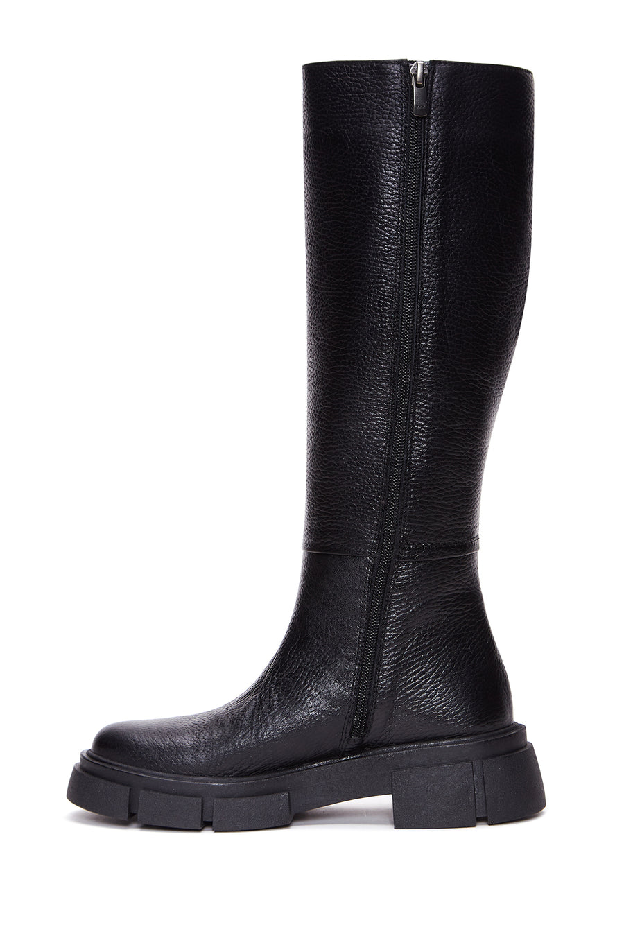 Women's Black Leather Zippered Thick Soled Boots