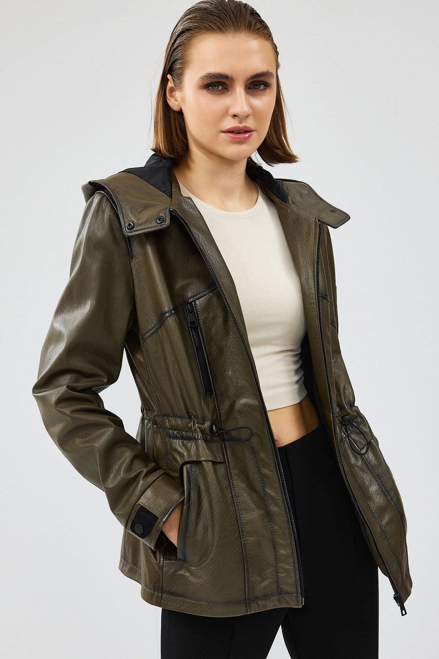 Jessica Women's Khaki Hooded Leather Jacket 24WGD5239JB | Derimod