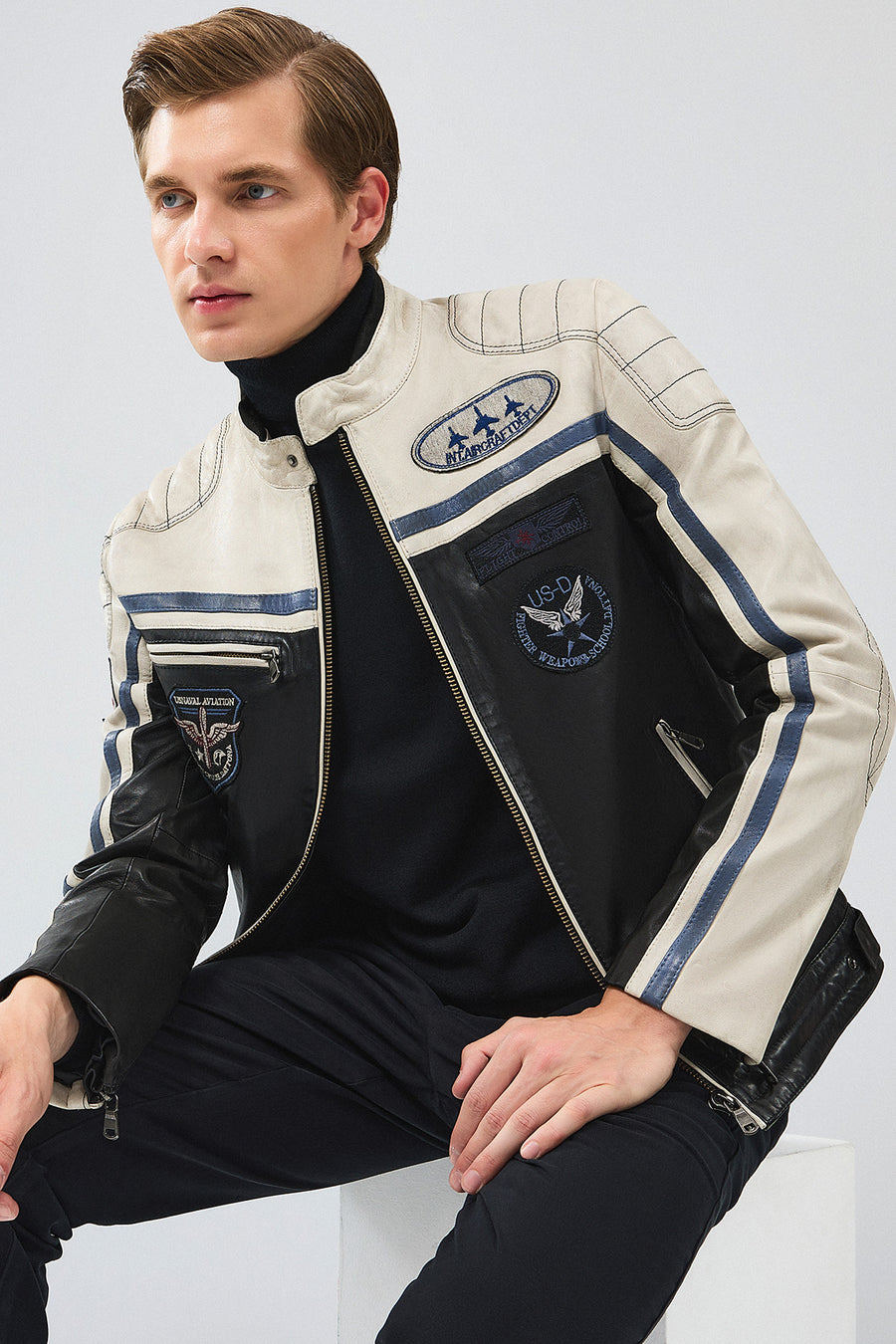 Takeoff Men's Black Leather Jacket with Emblem
