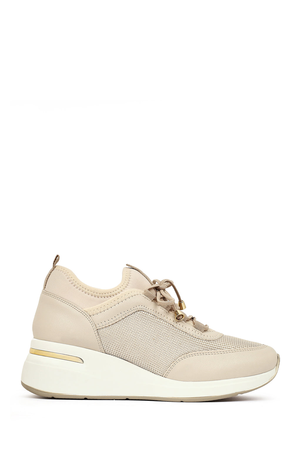 Kadın Bej Bağcıklı Dolgu Topuklu Sneaker