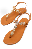 Woman Tan Ankle-Buckle Toe-Post Embellished Sandal | Derimod