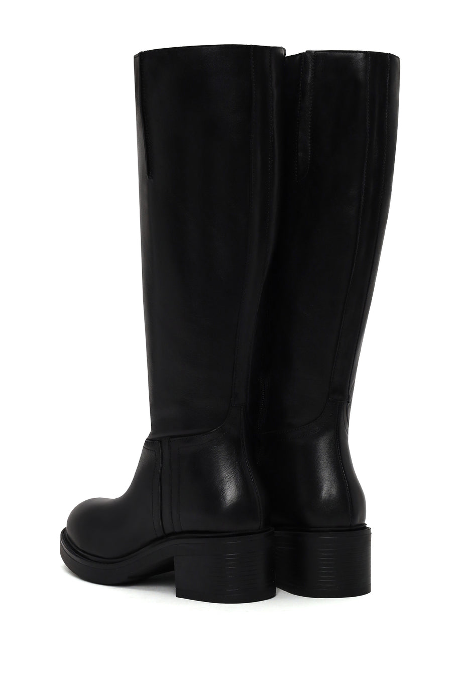 Woman Black Zip Closure Chunky Heeled Leather Boots