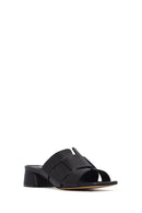 Women's Black Short Thick Heeled Leather Slippers | Derimod