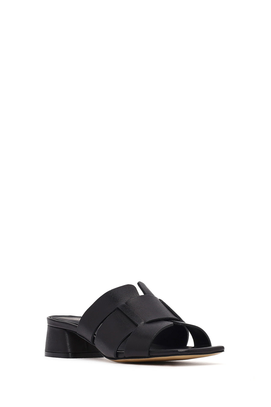Women's Black Short Thick Heeled Leather Slippers