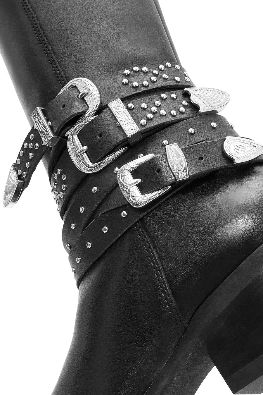 Women's Black Thick Heel Buckle Detailed Leather Cowboy Boots