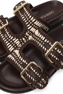 Woman Brown Double Buckle Braided Slippers | Derimod