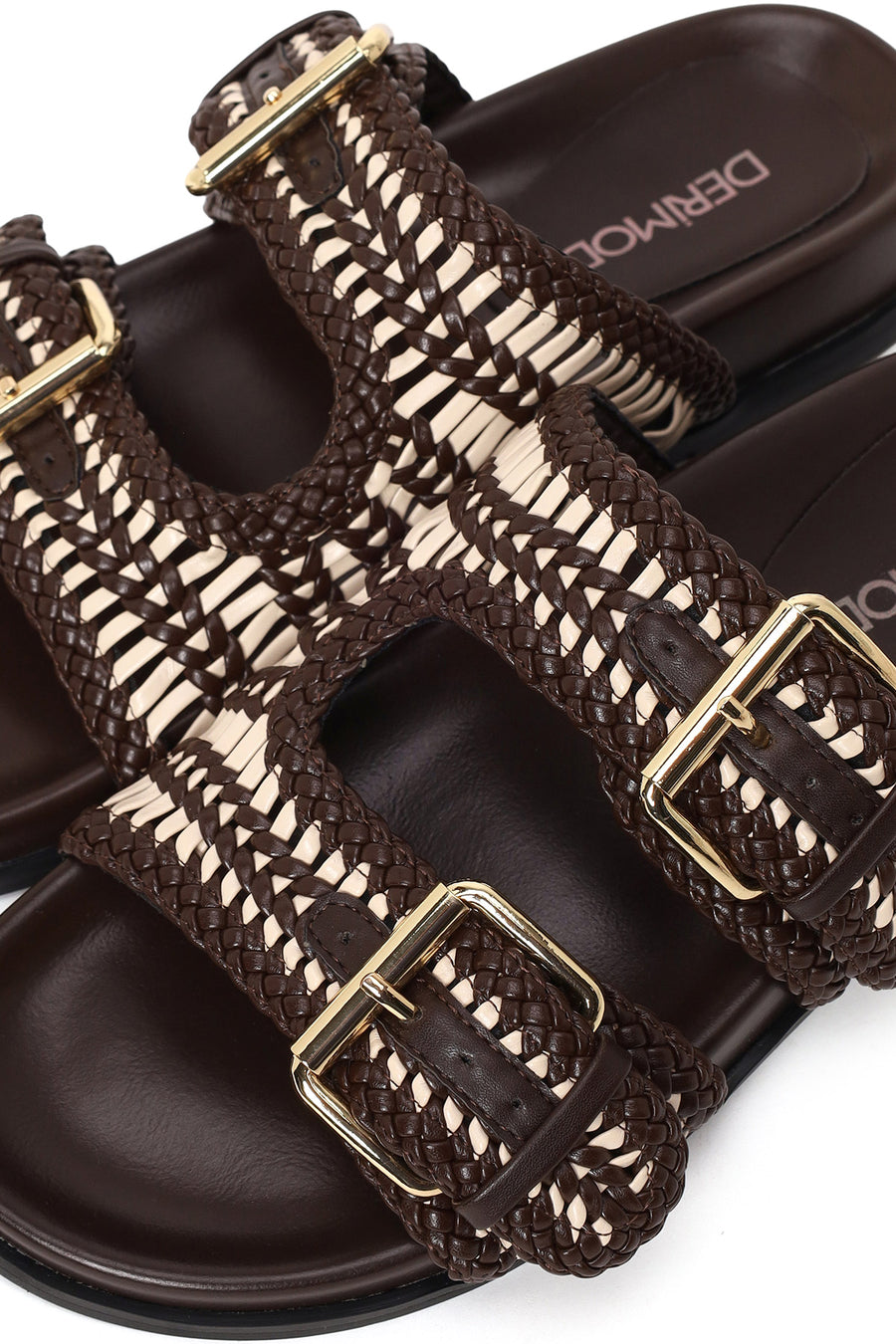 Woman Brown Double Buckle Braided Slippers