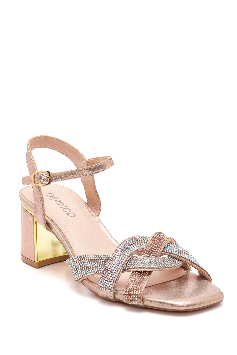Women's Pink Gold Stone Thick Heeled Sandals