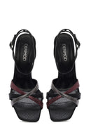 Women's Black Ankle Strap Thin High Heel Patterned Leather Sandals | Derimod