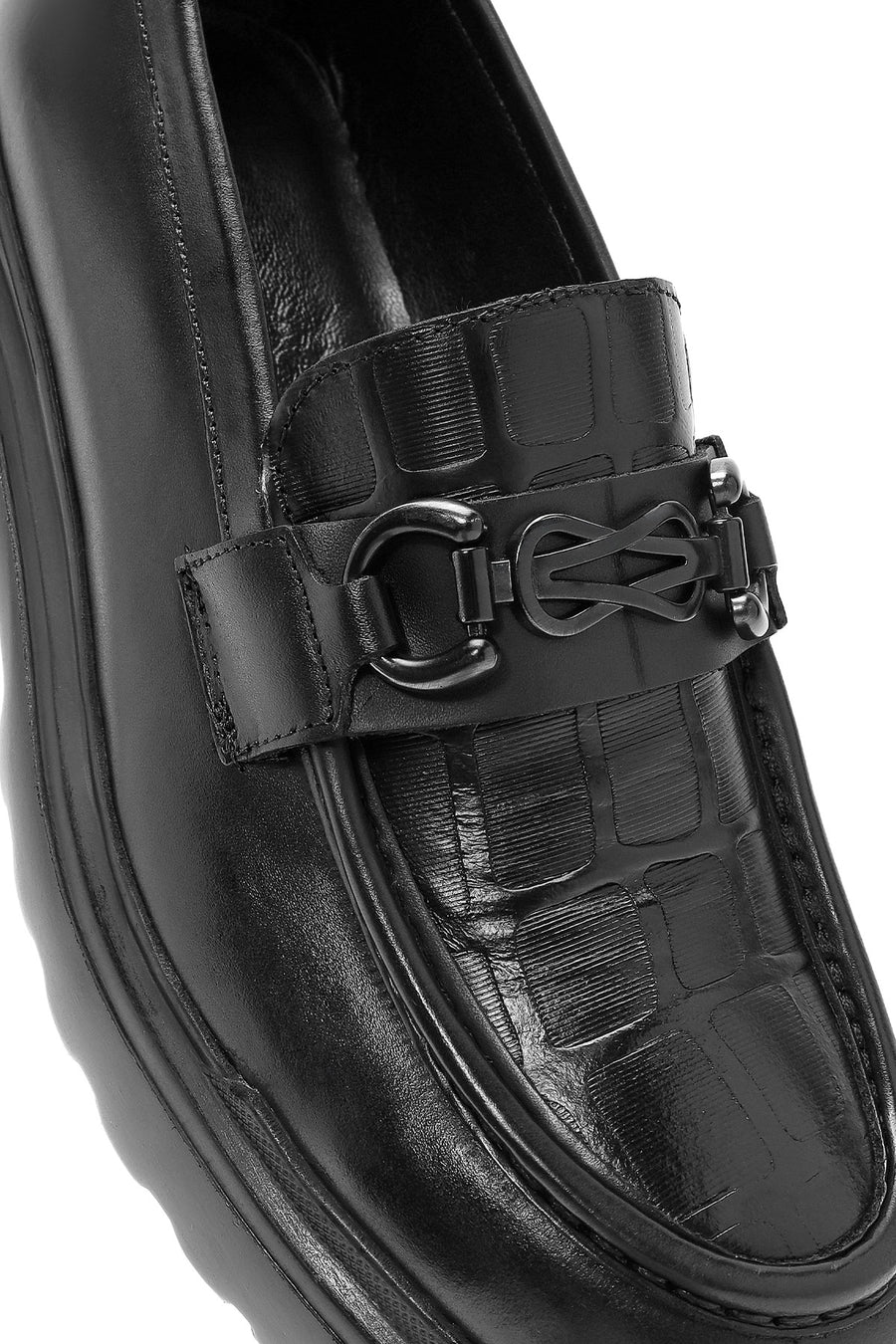 Erkek Siyah Baskılı Toka Detaylı Deri Loafer