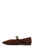 Women's Brown Suede Leather Ballet Flats with Rhinestones | Derimod
