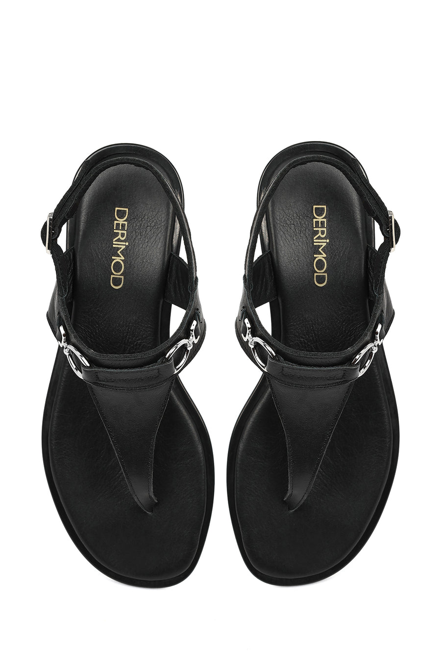 Women's Black Buckle Thong Leather Sandals